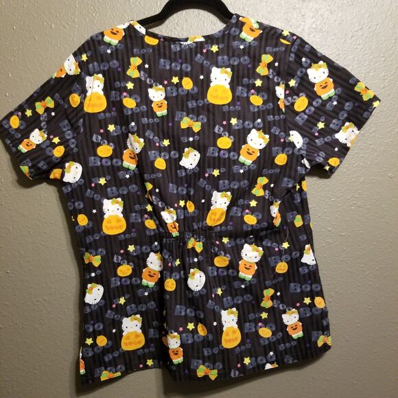 Hello Kitty Medium Scrub Top 100% Cotton Black Fall Halloween Pumpkin Boo - Picture 9 of 10